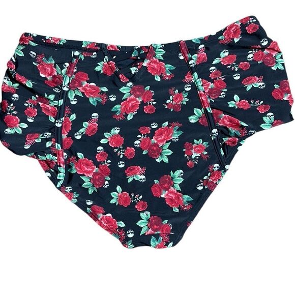 Hot topic roses and skulls high waisted bikini bottoms ruched mesh lattice sides - Picture 5 of 7